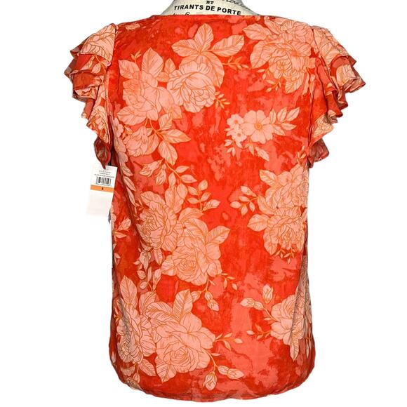 1.State (S) Floral Ruffle Short Sleeve V-Neck Chiffon Blouse Top Fully Lined - Picture 4 of 14